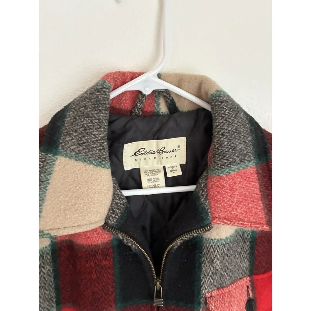 Wool Eddie Bauer Women's Plaid Coat Size Large In Red Green And Ivory Christmas - Picture 2 of 7